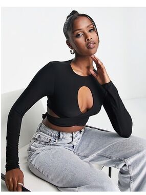 ASOS Black Long-Sleeve Keyhole Wrap Crop Top